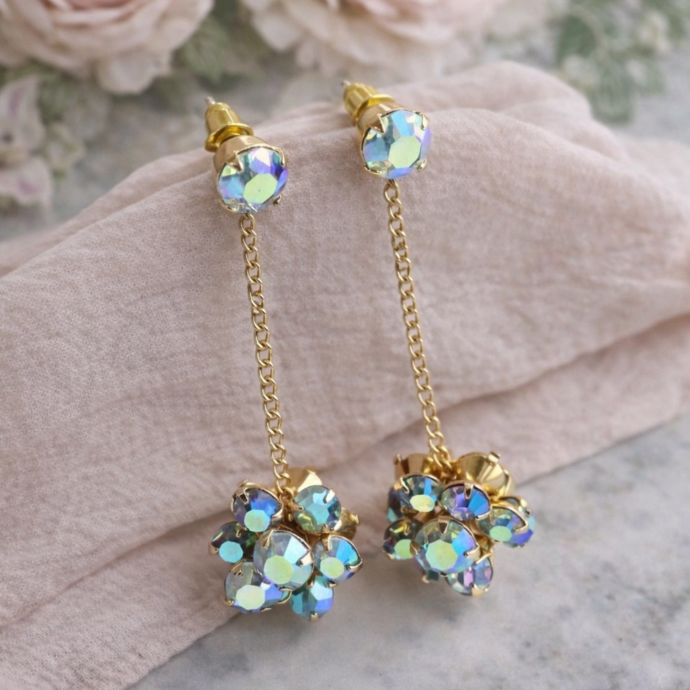 Gold Tone AB Crystal Drop Earrings | Vintage Style Chain Dangle Floral Cluster